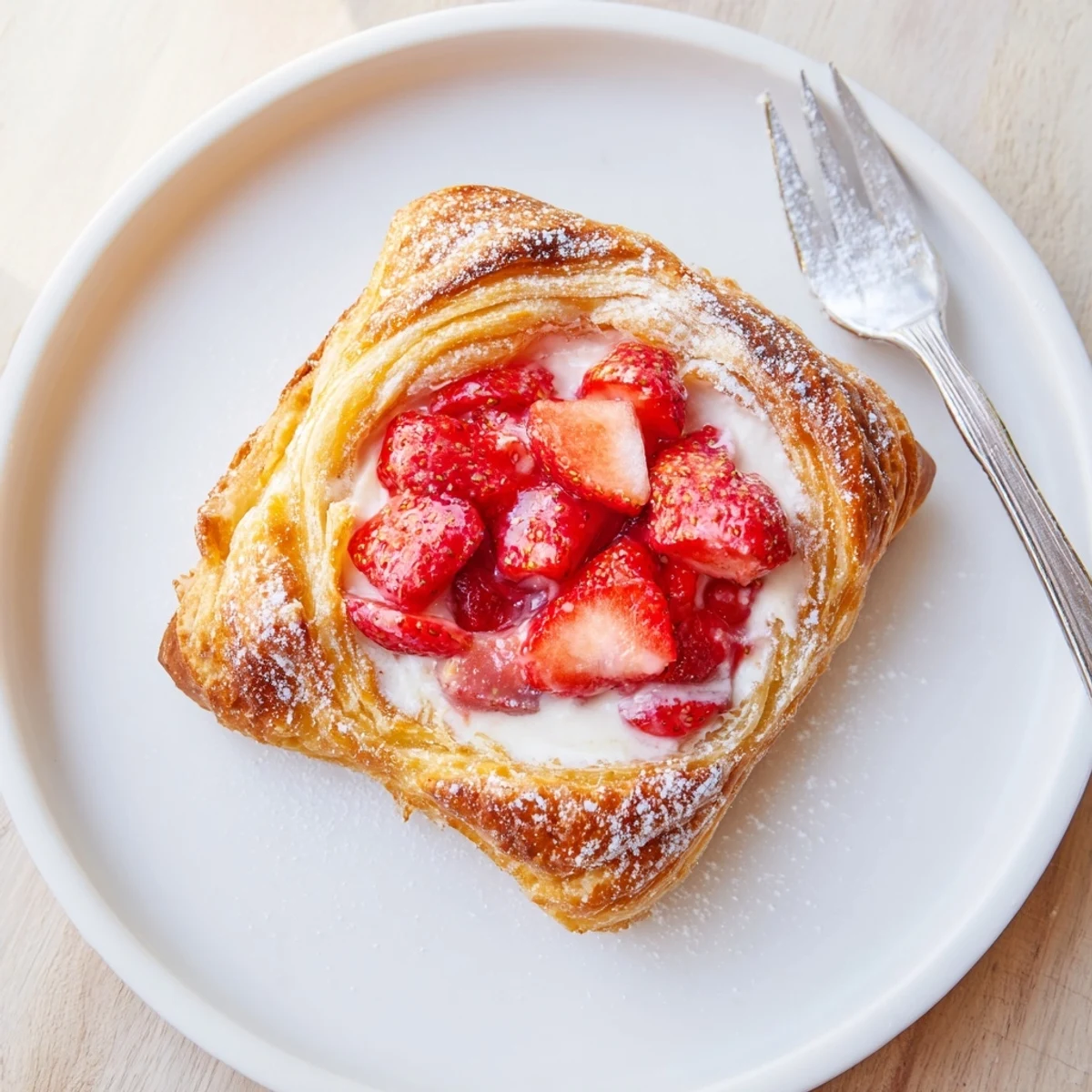 Golden, flaky Strawberry Danish recipe with creamy cheese and glossy strawberry topping.