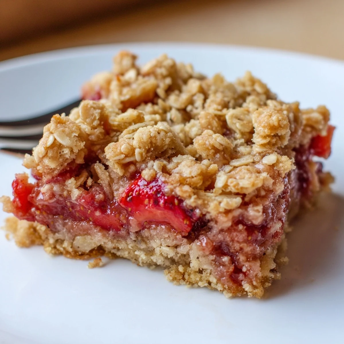 Strawberry Oatmeal Crumble Bars recipe cooling on pan, golden crumble, juicy filling