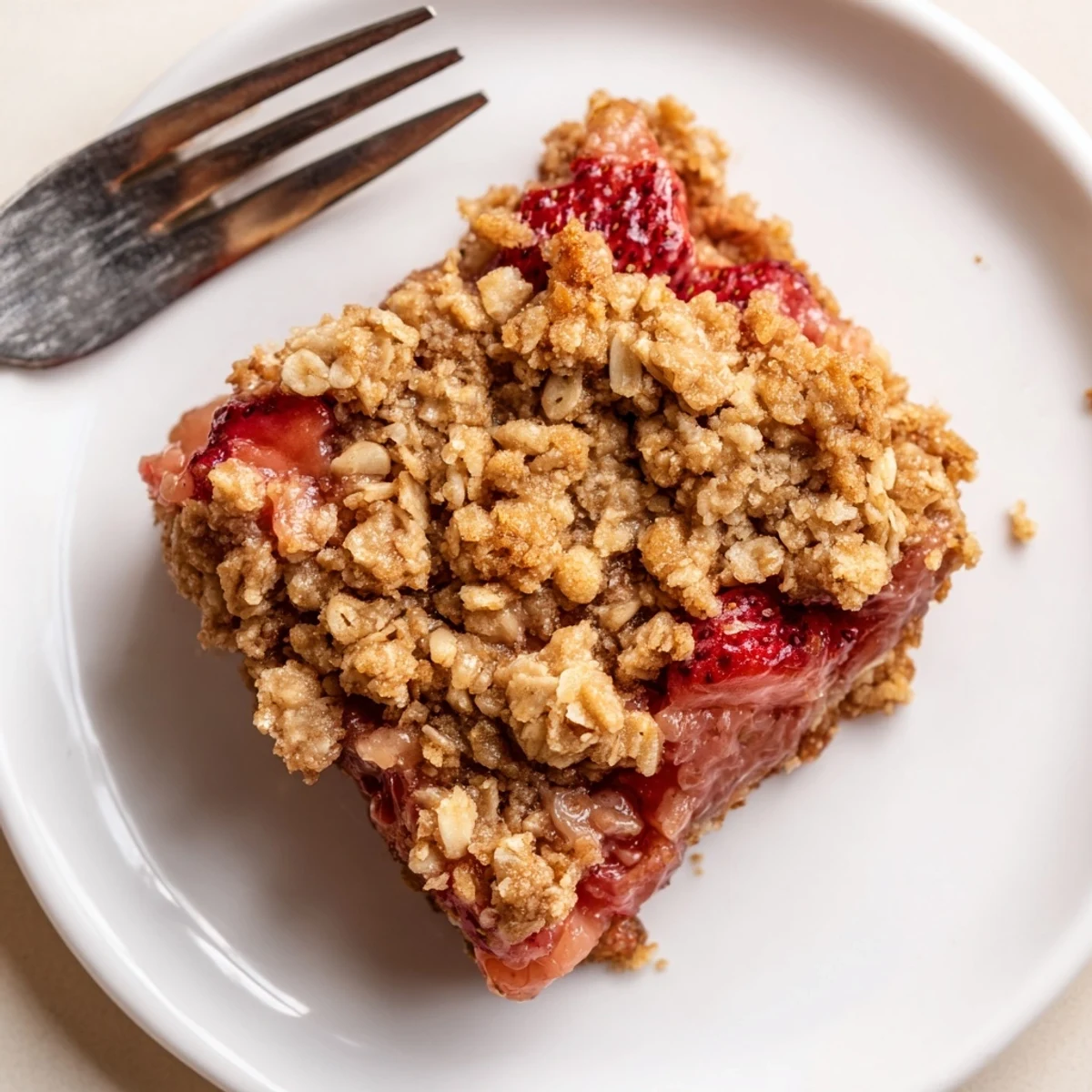 Sliced Strawberry Oatmeal Crumble Bars on parchment, oatmeal texture, bright strawberry pockets