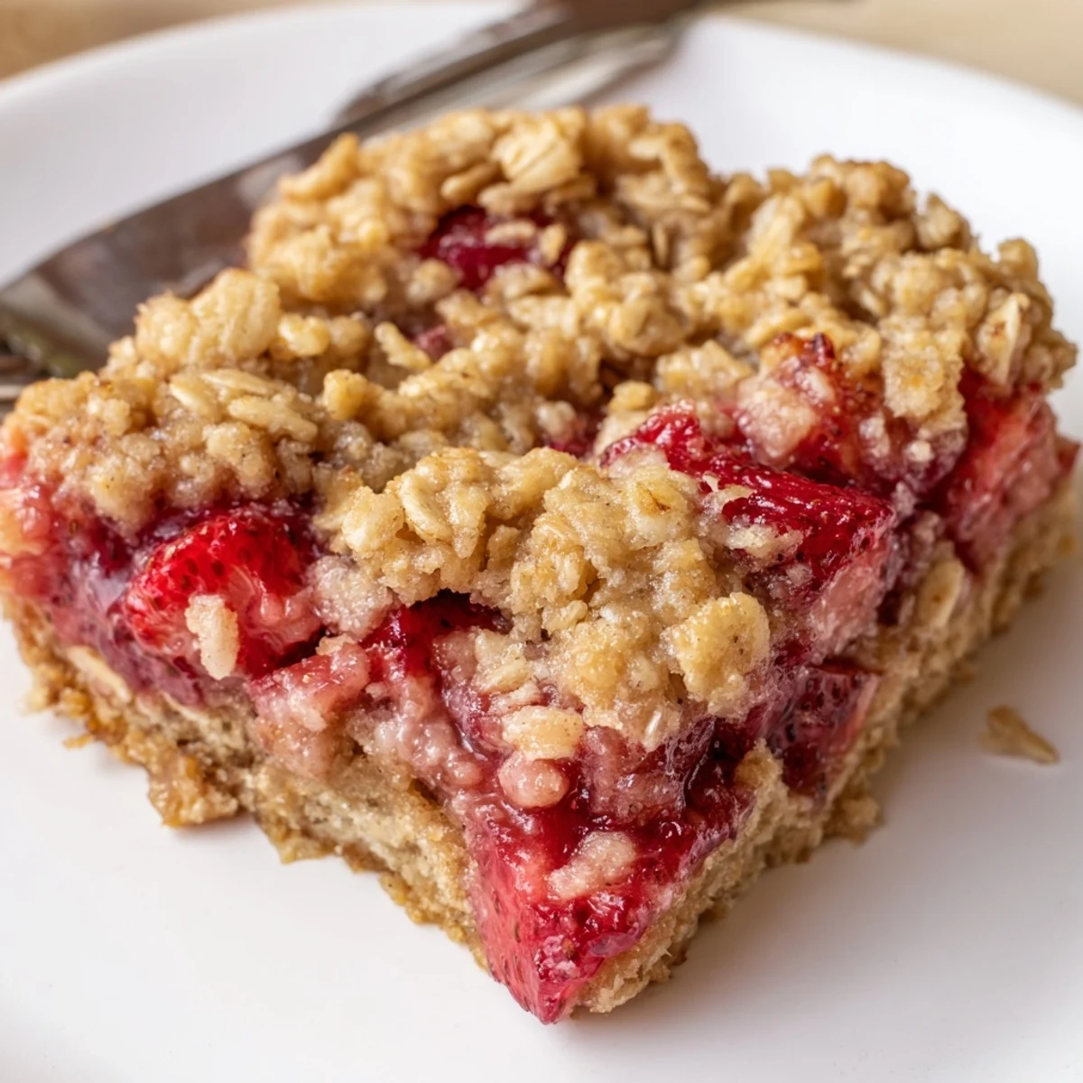 Freshly baked Strawberry Oatmeal Crumble Bars served warm with melting vanilla ice cream
