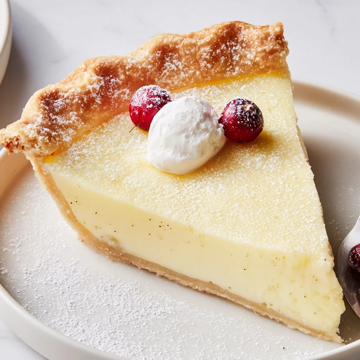 Creamy Christmas Eve Custard Pie With Cinnamon Vanilla dusted with powdered sugar