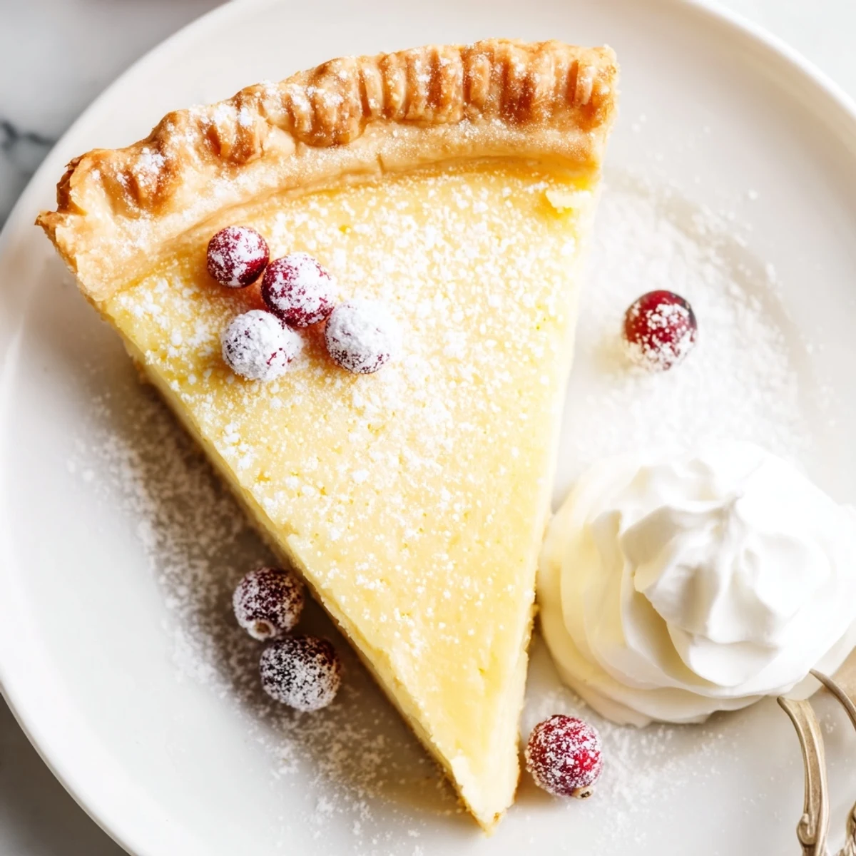 Sliced Christmas Eve Custard Pie With Cinnamon Vanilla, served with a dollop whipped cream
