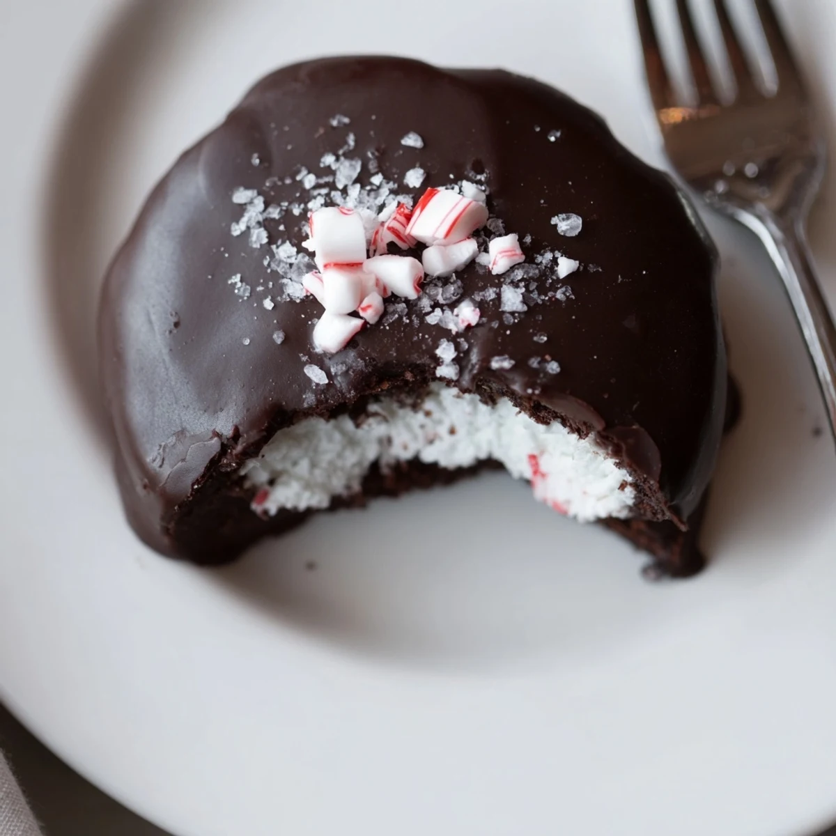 Stacked Peppermint Patties on a festive plate, topped with crushed peppermint candy
