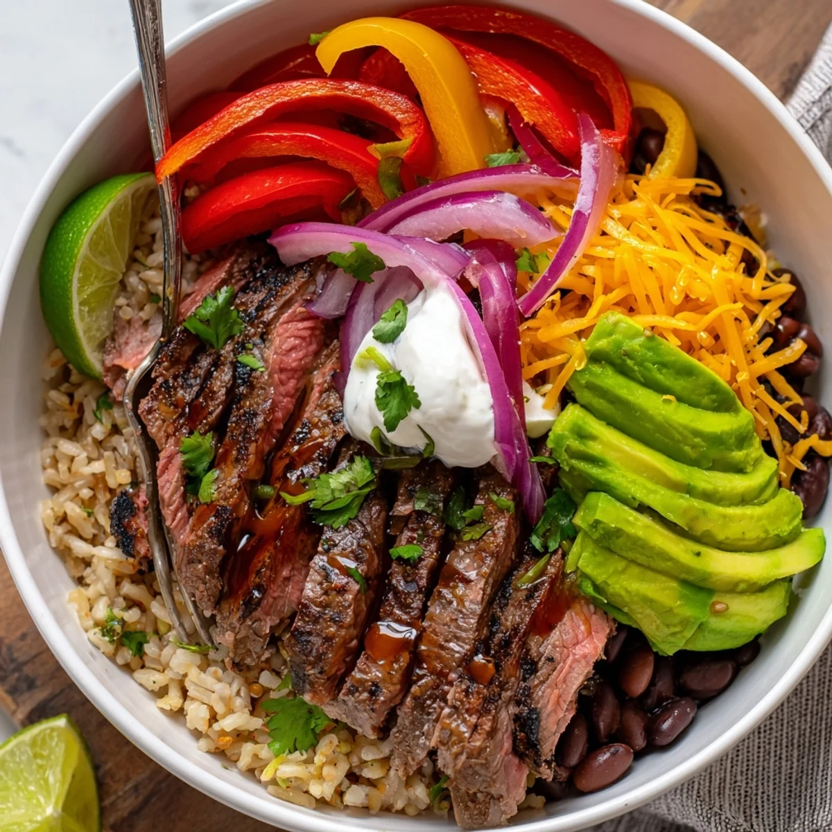 Sizzling steak, colorful peppers, and lime wedges in Steak Fajita Power Bowls