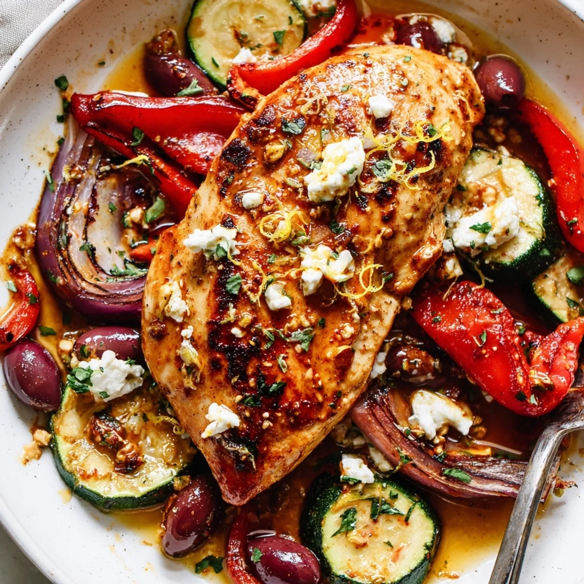 Oven-browned Sheet Pan Mediterranean Chicken Zucchini served with crumbled feta, lemony pan juices