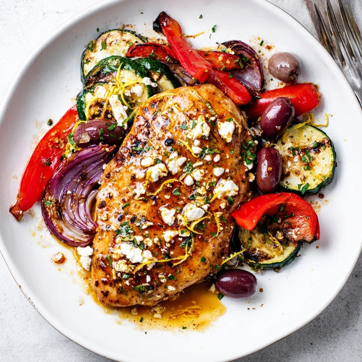 Sheet Pan Mediterranean Chicken Zucchini roasting with golden zucchini, cherry tomatoes, and olives