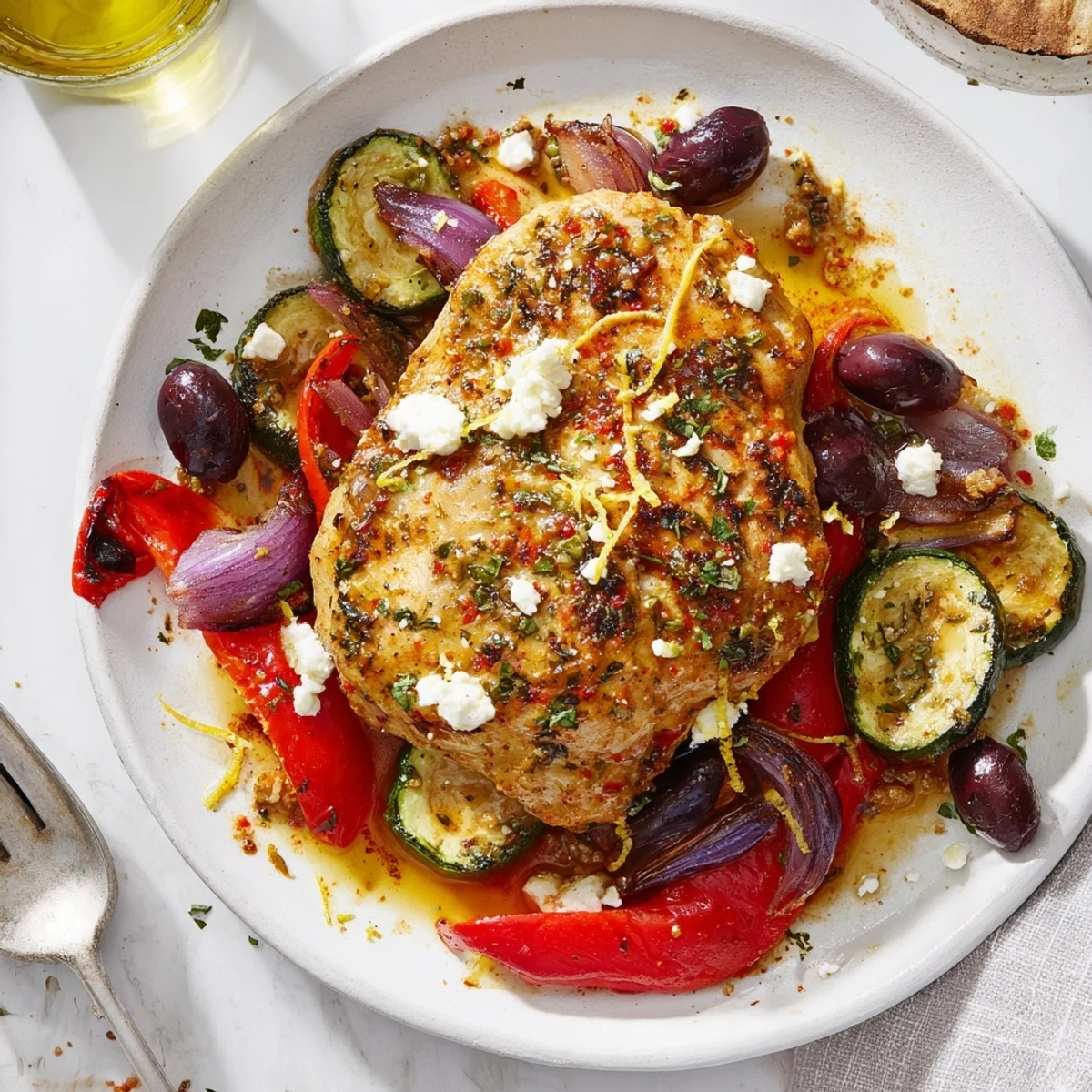 Family-style Sheet Pan Mediterranean Chicken Zucchini nestled among charred peppers, onions, and fresh herbs