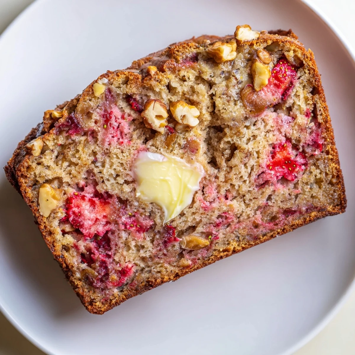 Warm Strawberry Banana Bread Recipe loaf sliced with butter melting, crumb visible
