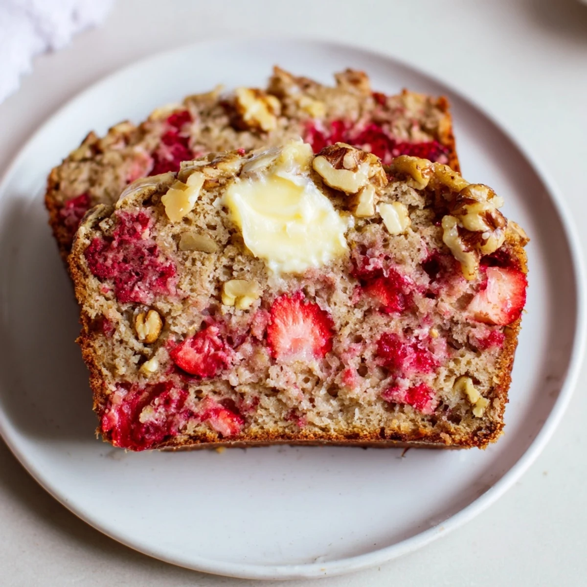 Moist Strawberry Banana Bread Recipe studded with diced strawberries, cooling on rack