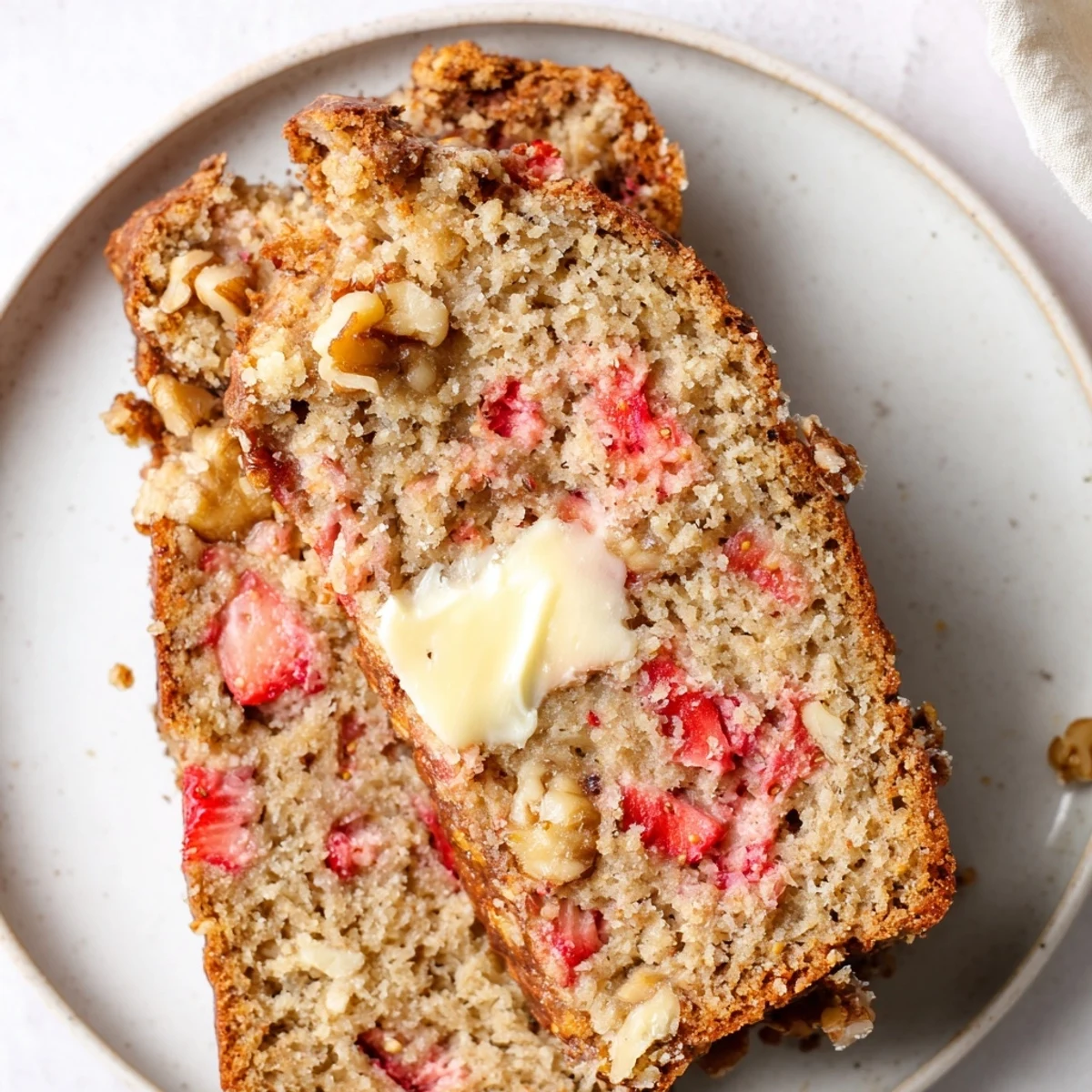 Easy Strawberry Banana Bread Recipe served warm with honey drizzle and walnut crunch