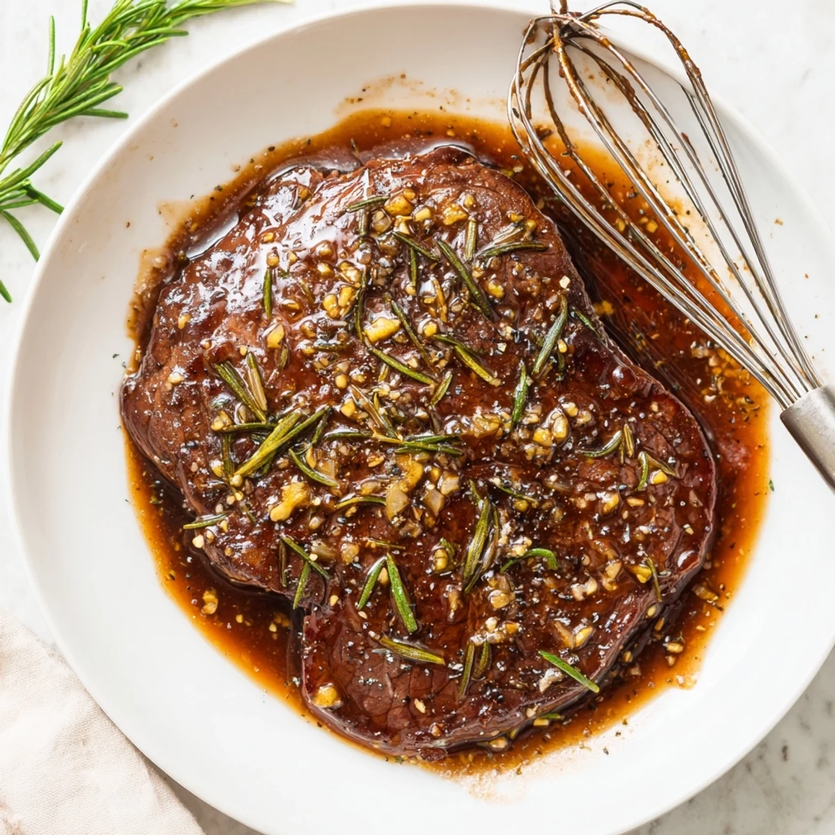 Steak Marinade in a glass bowl glistening with oil and minced garlic