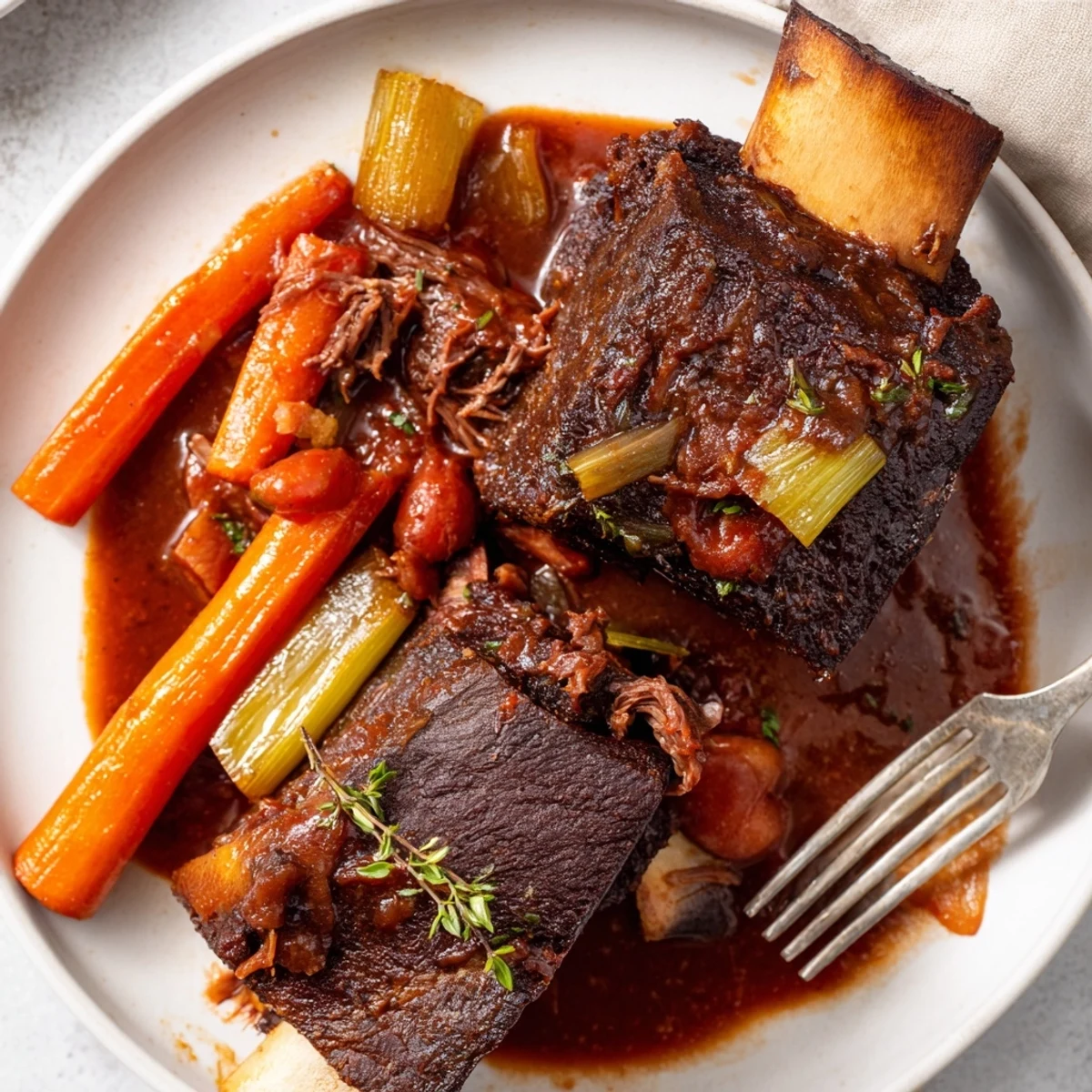Slow Cooker Beef Short Ribs glistening in rich sauce with soft vegetables