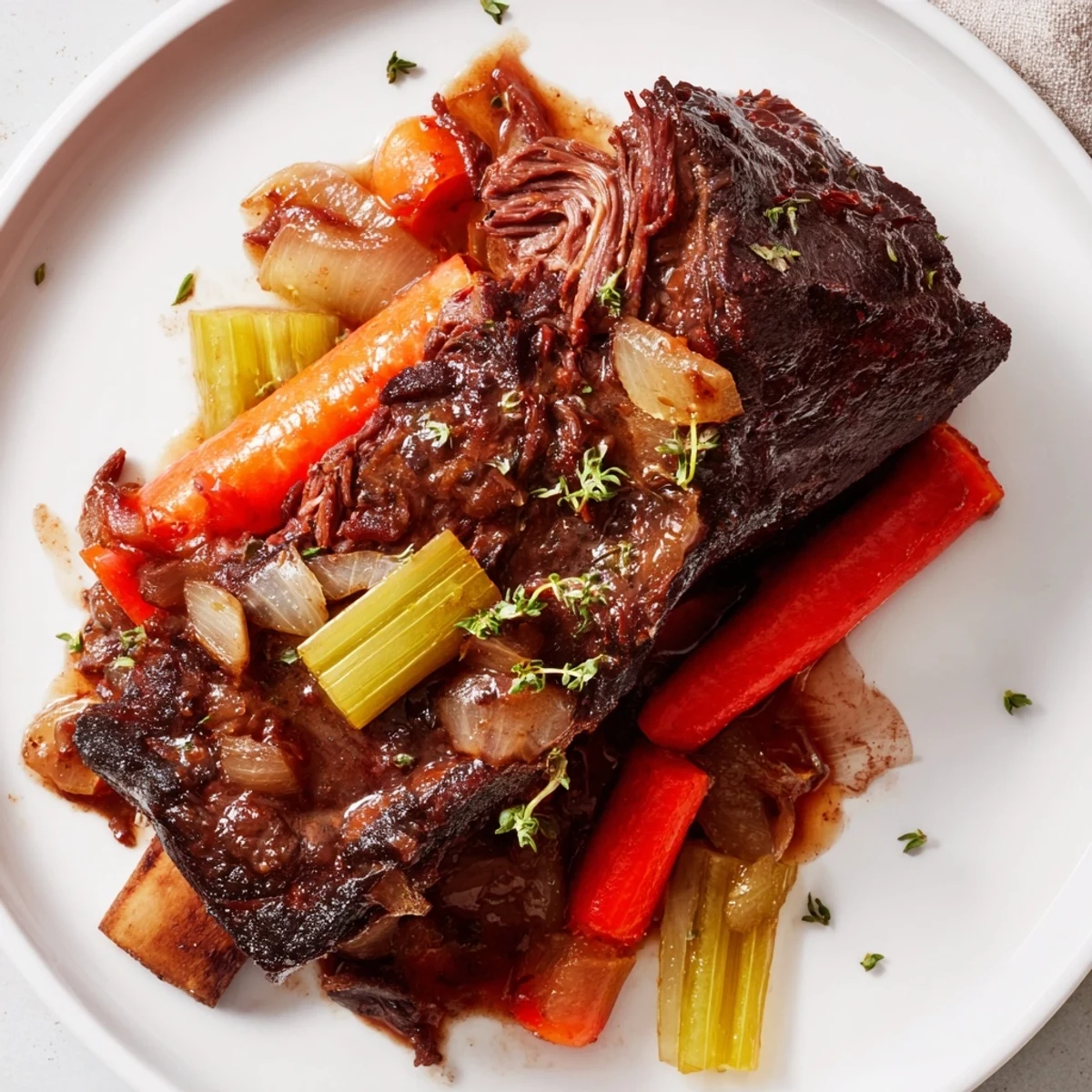 Homey Slow Cooker Beef Short Ribs nestled among carrots, onions, and herbs