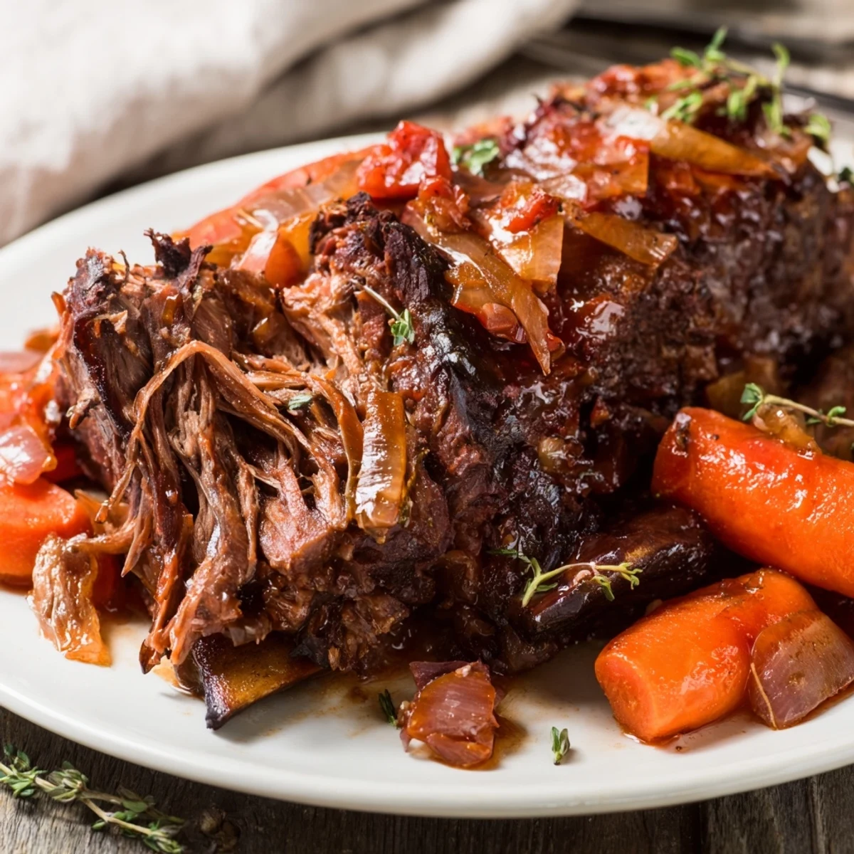 Steaming Slow Cooker Beef Short Ribs falling off the bone, served with mashed potatoes