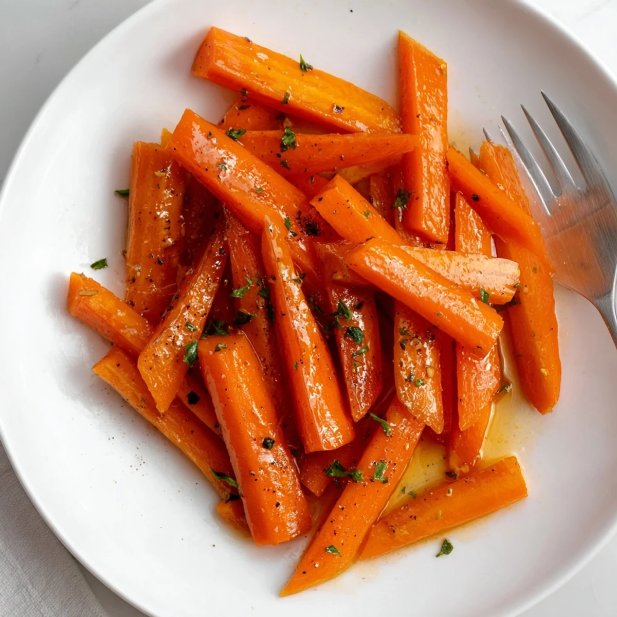 Honey Glazed Carrots glossy and tender, warm in a white serving bowl.