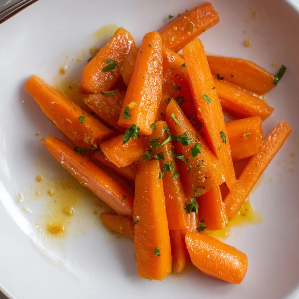 Holiday Honey Glazed Carrots caramelized at edges, garnished with fresh chopped parsley.