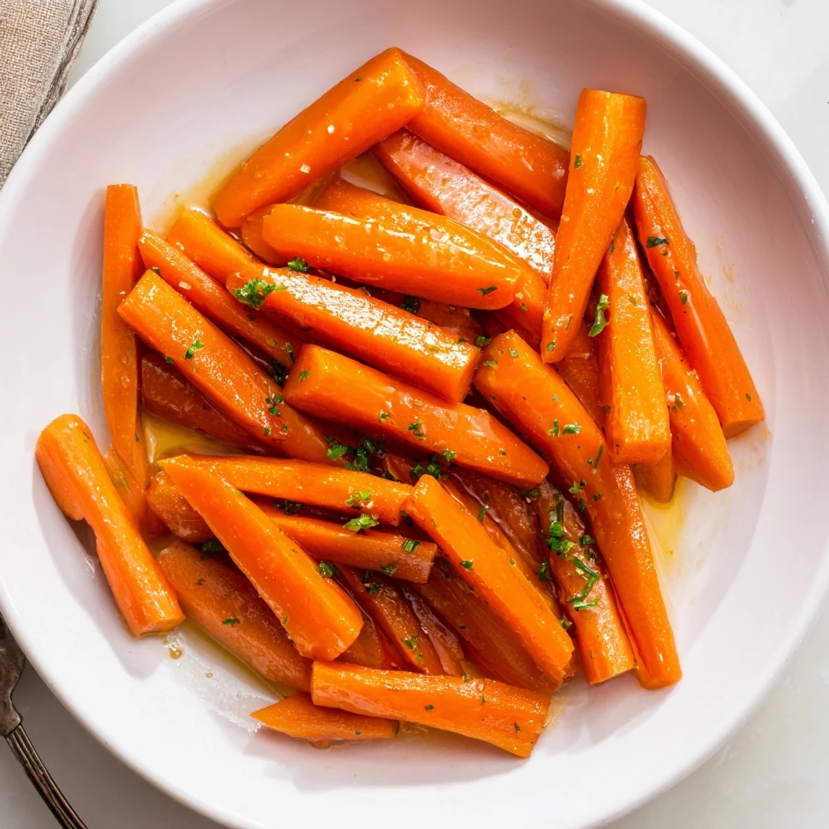 Pan-seared Honey Glazed Carrots with buttery sheen and a pinch of pepper.