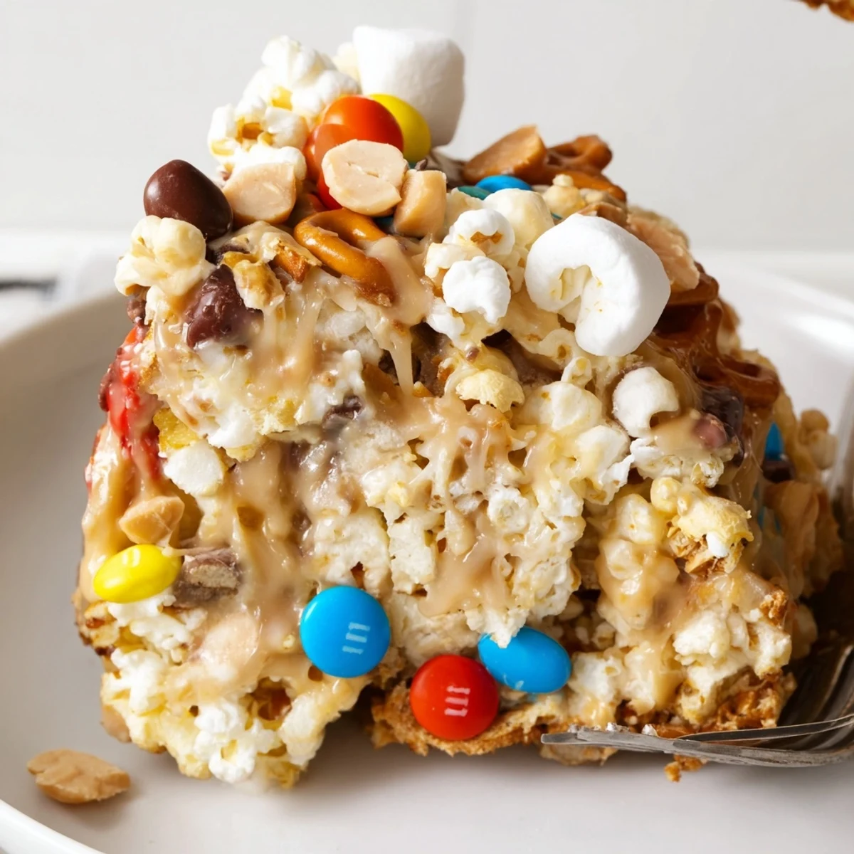 Popcorn Cake with glossy marshmallow coating, colorful candies and salted pretzel crunch