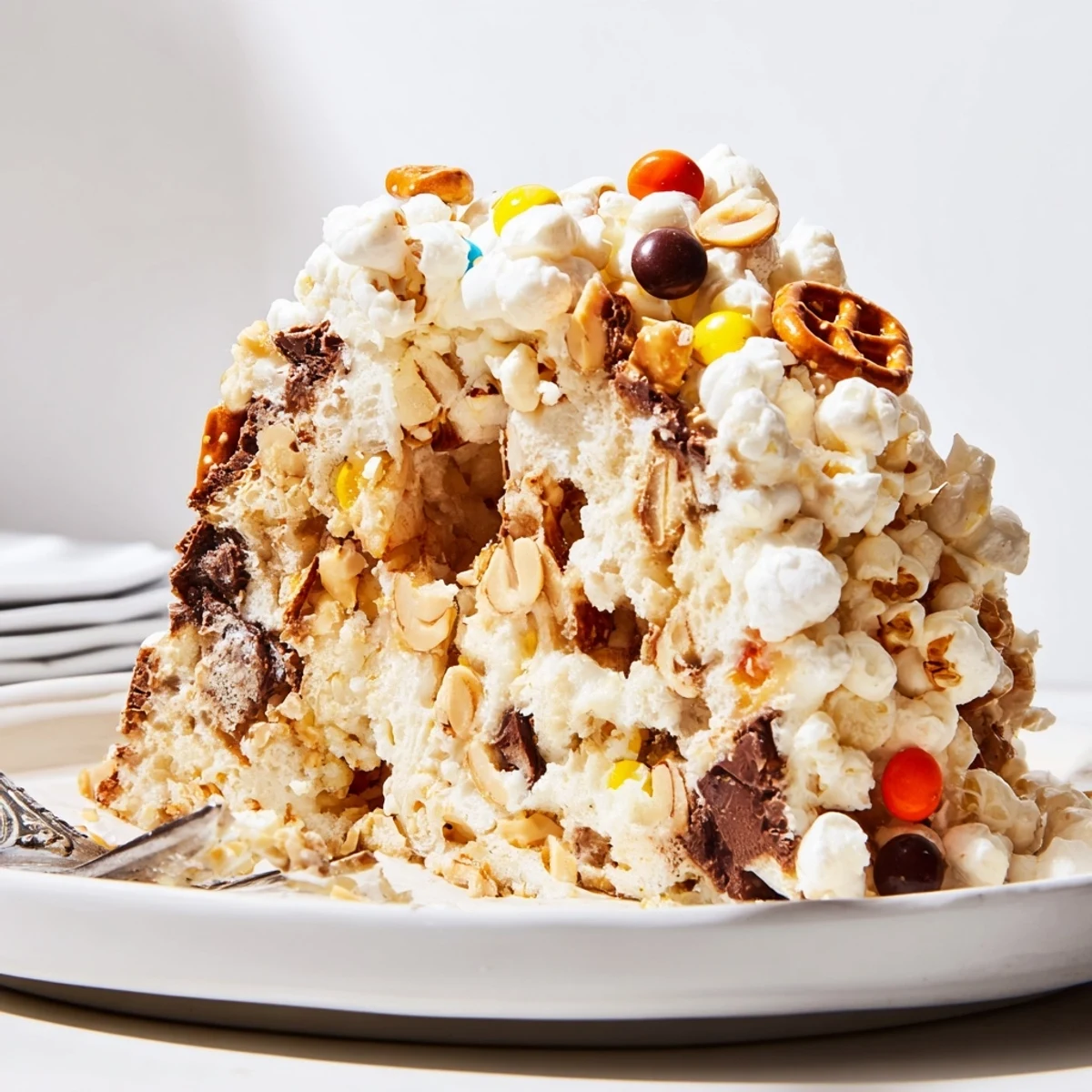 Bundt-shaped Popcorn Cake cooling on counter, sticky edges, party ready