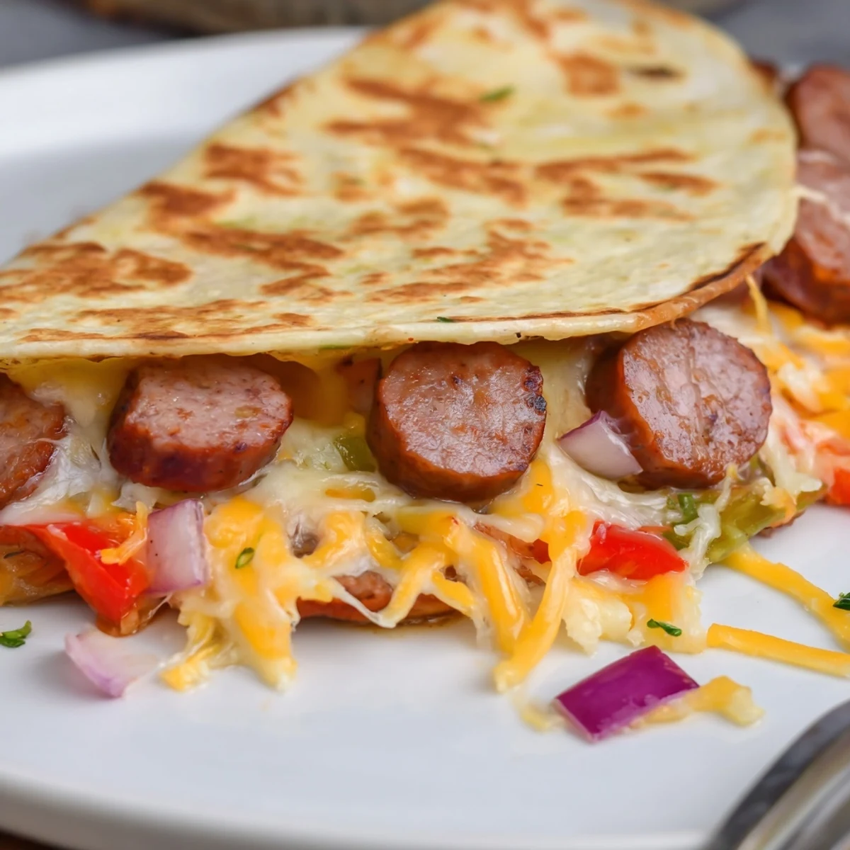 Cajun Beef Sausage Quesadillas With Melty Cheese Recipe sizzling golden, served with creamy guacamole.