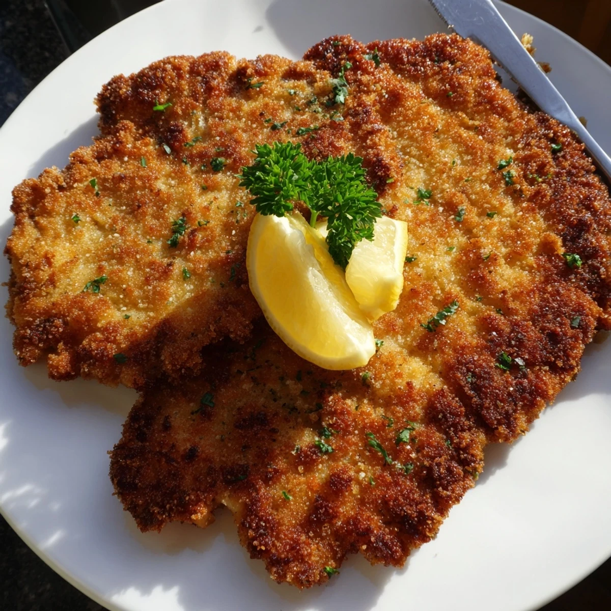 Slice of Crispy Beef Escalope Milanese sprinkled with parsley, served with arugula