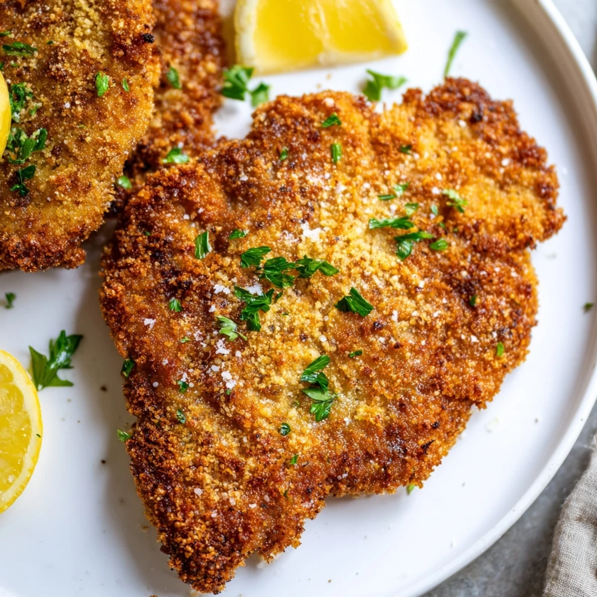 Crispy Beef Escalope Milanese on white plate, golden crust, lemon wedge