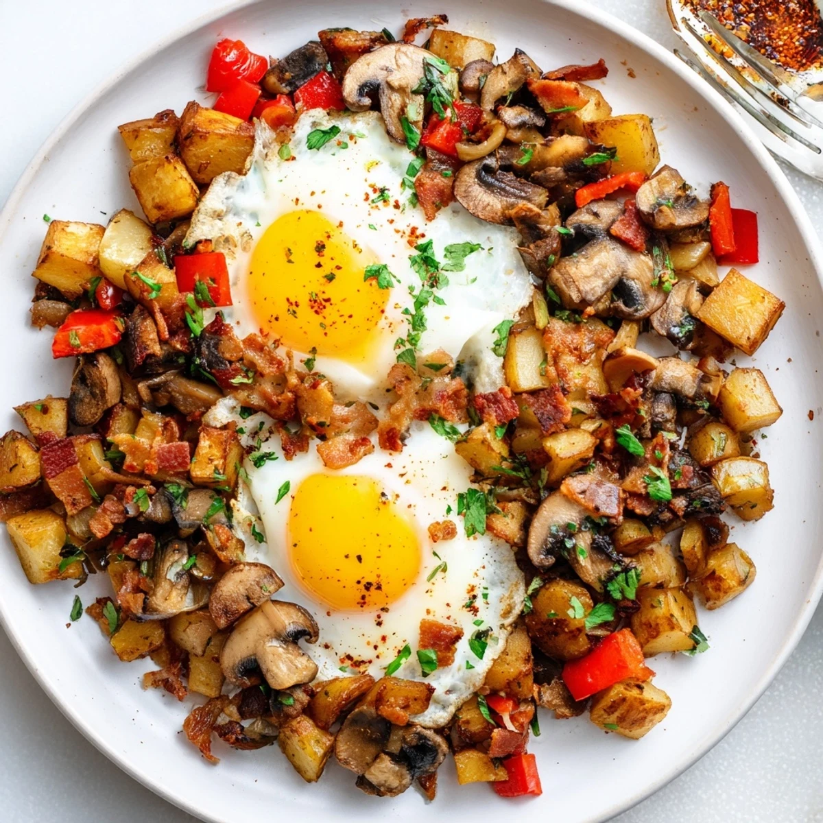 Breakfast Hash With Eggs sizzling in a skillet, crispy potatoes and runny yolks.