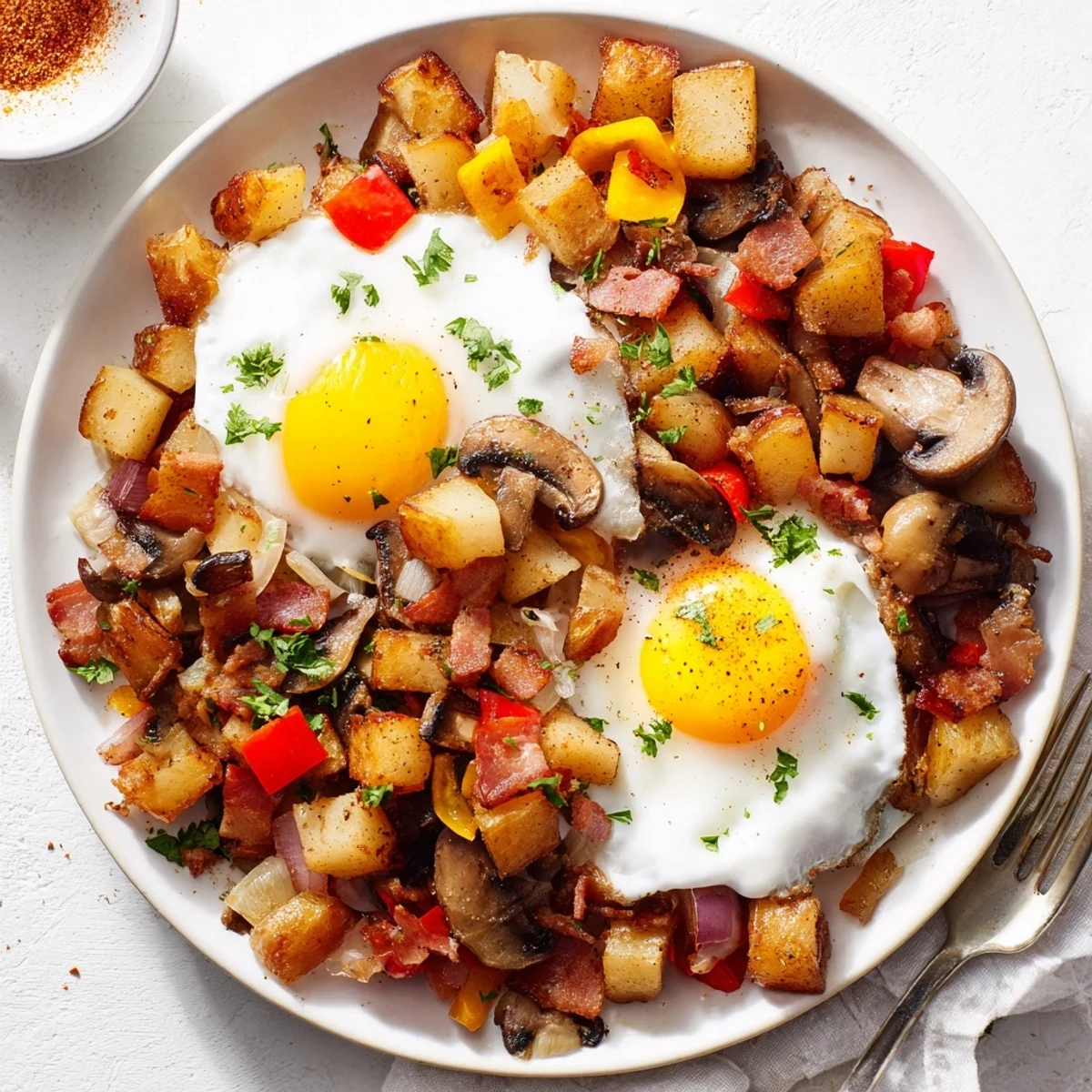 Hearty Breakfast Hash With Eggs topped with chopped parsley, served with toast.