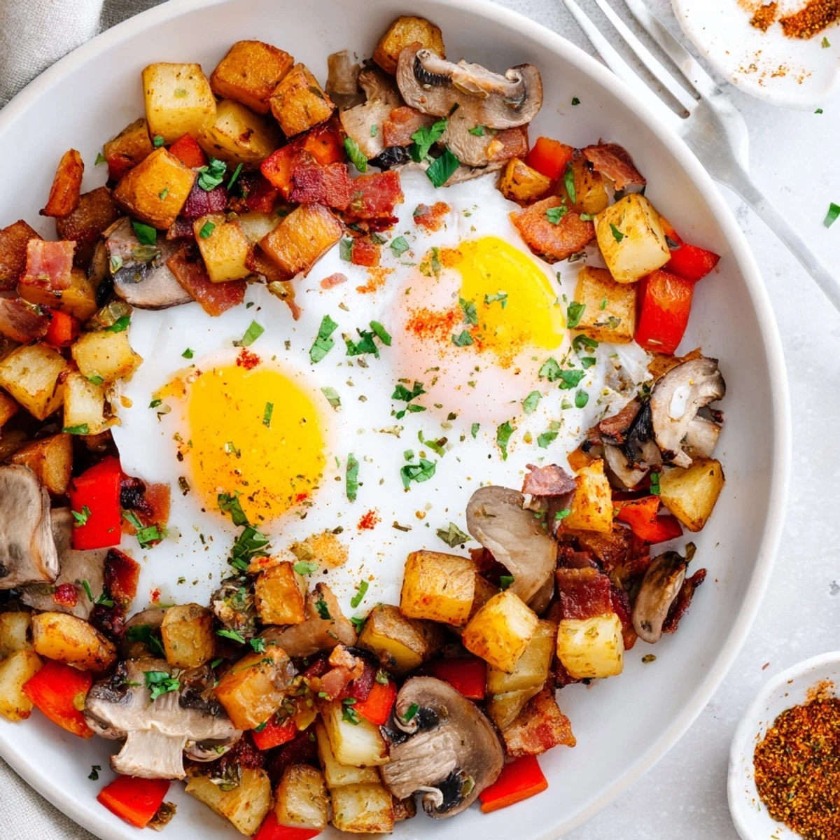 Cast-iron Breakfast Hash With Eggs releasing smoky paprika aroma, tender veggies, golden edges.