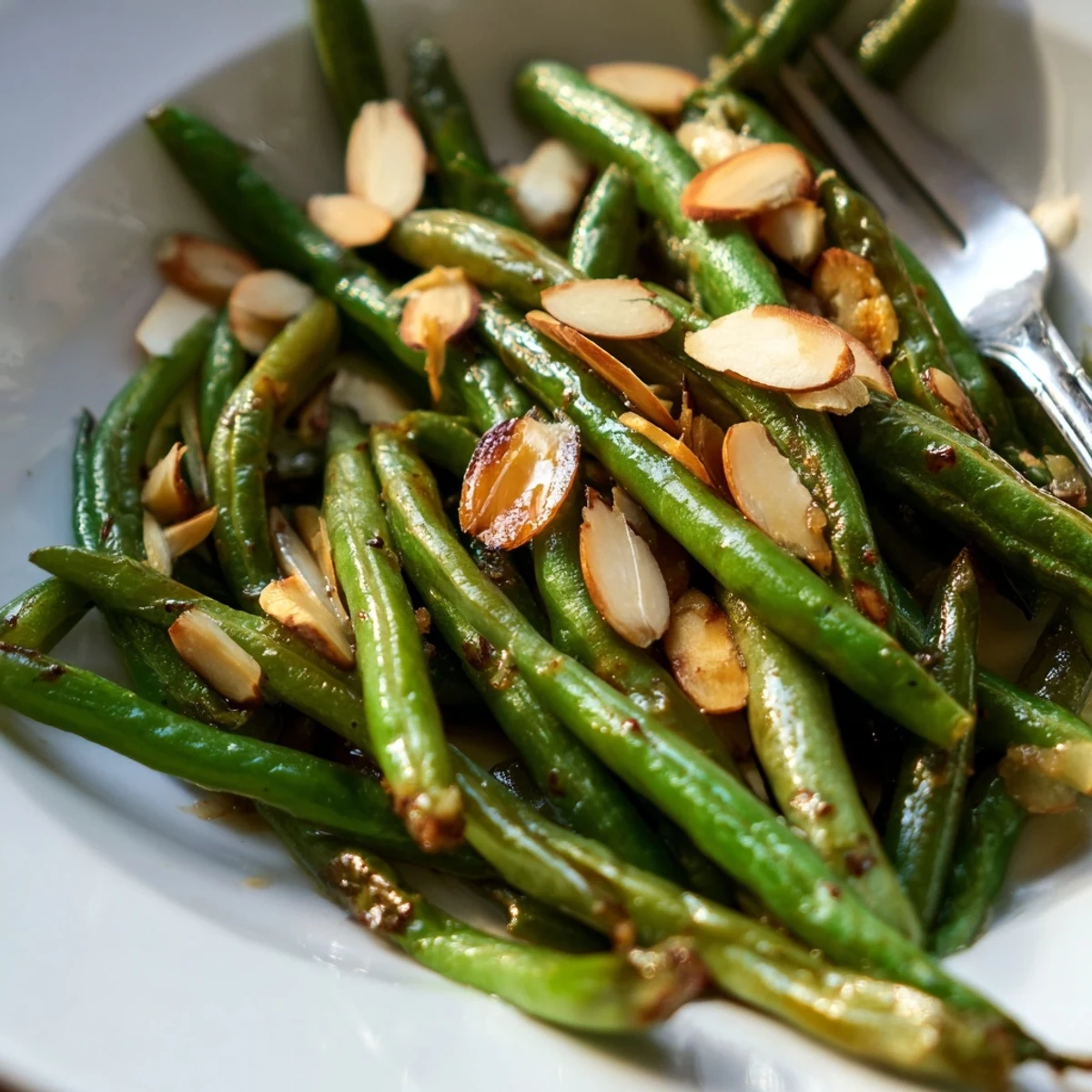 Bright Green Beans sautéed with garlic, olive oil, and toasted almonds