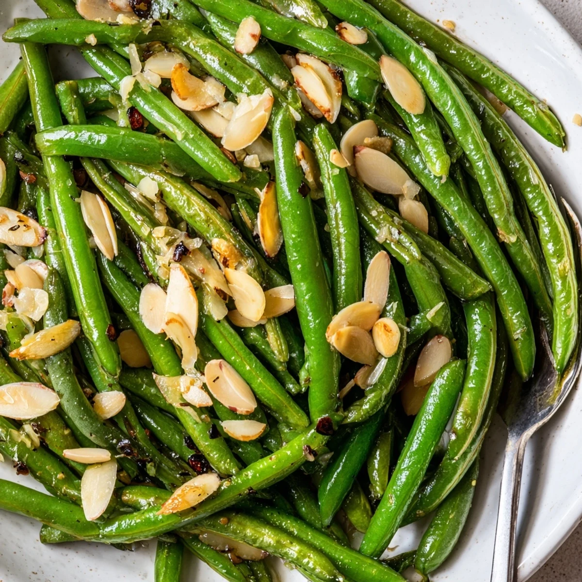 Crisp Green Beans resting on skillet, garlic aroma and ready to serve