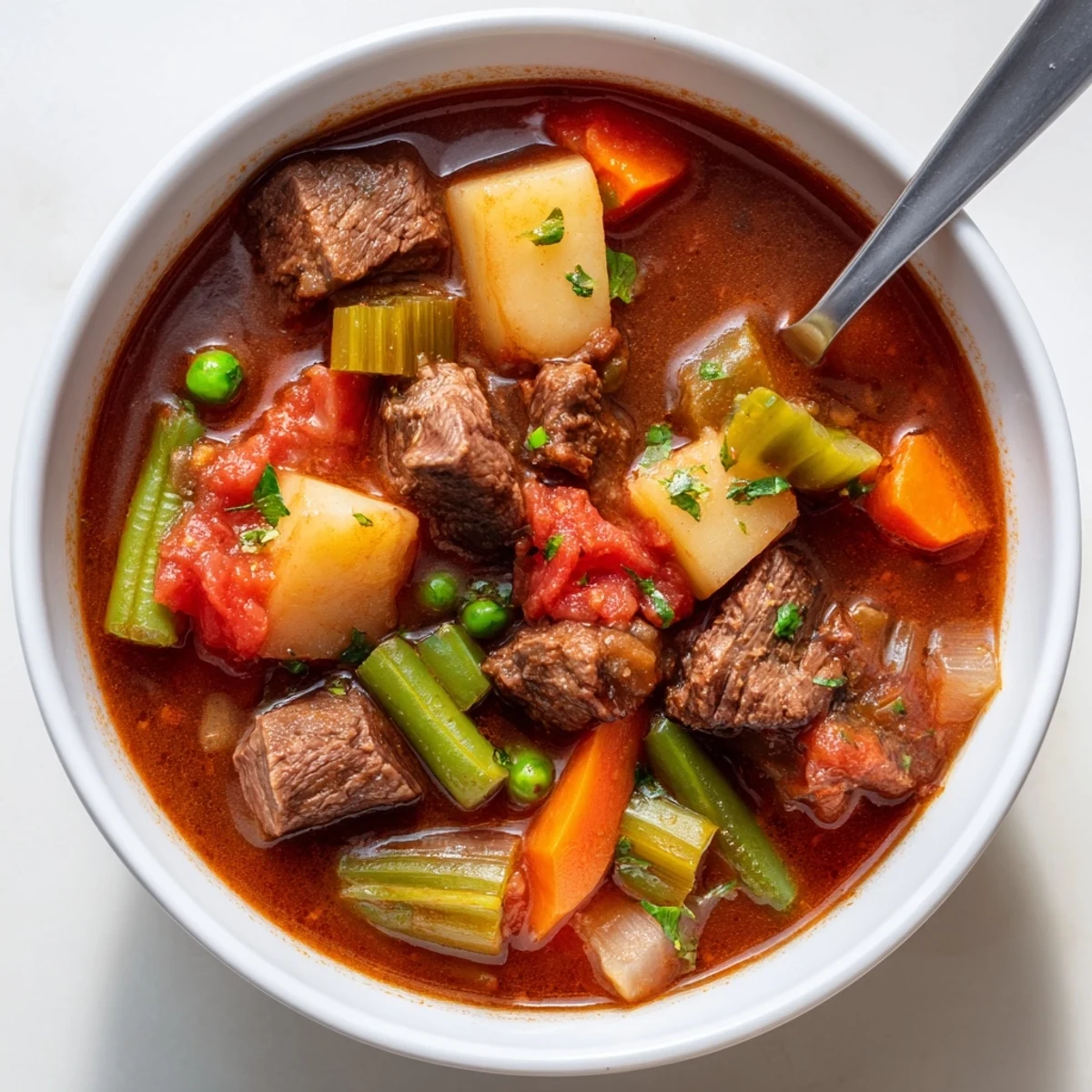 Braised Vegetable Beef Soup steaming in bowl, tender beef and vibrant vegetables