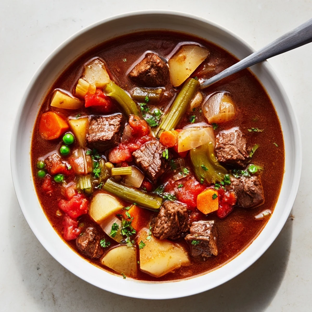 Cozy bowl of Braised Vegetable Beef Soup, chunky veggies and fork-tender beef