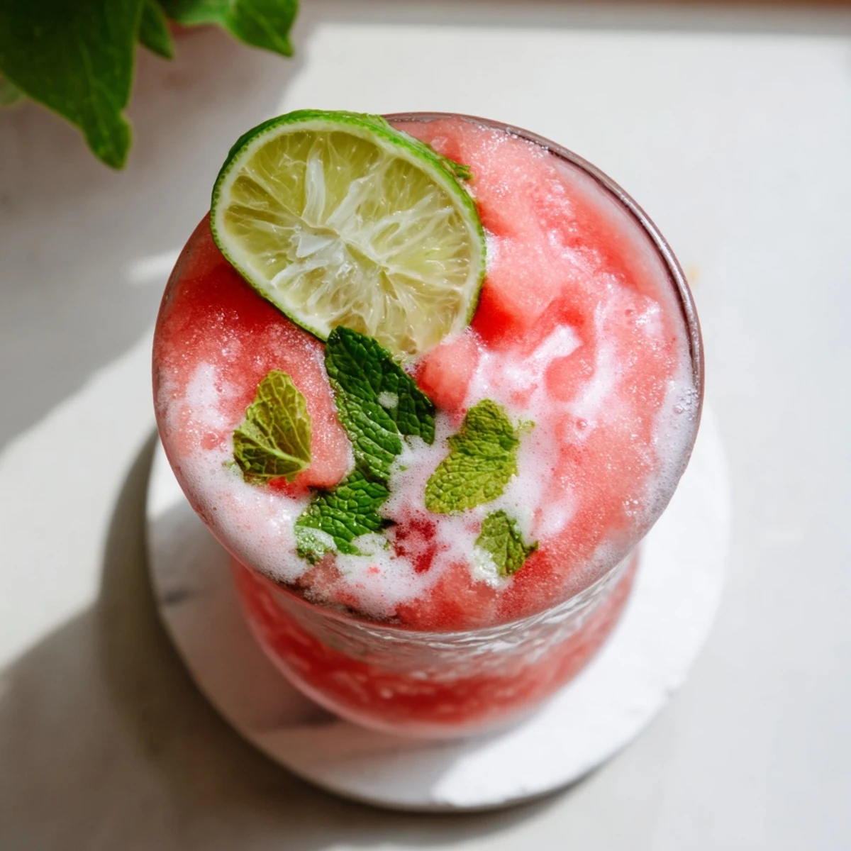 Vibrant pink coconut lime watermelon slushie in chilled glasses garnished with fresh mint and lime slices on a sunny patio table