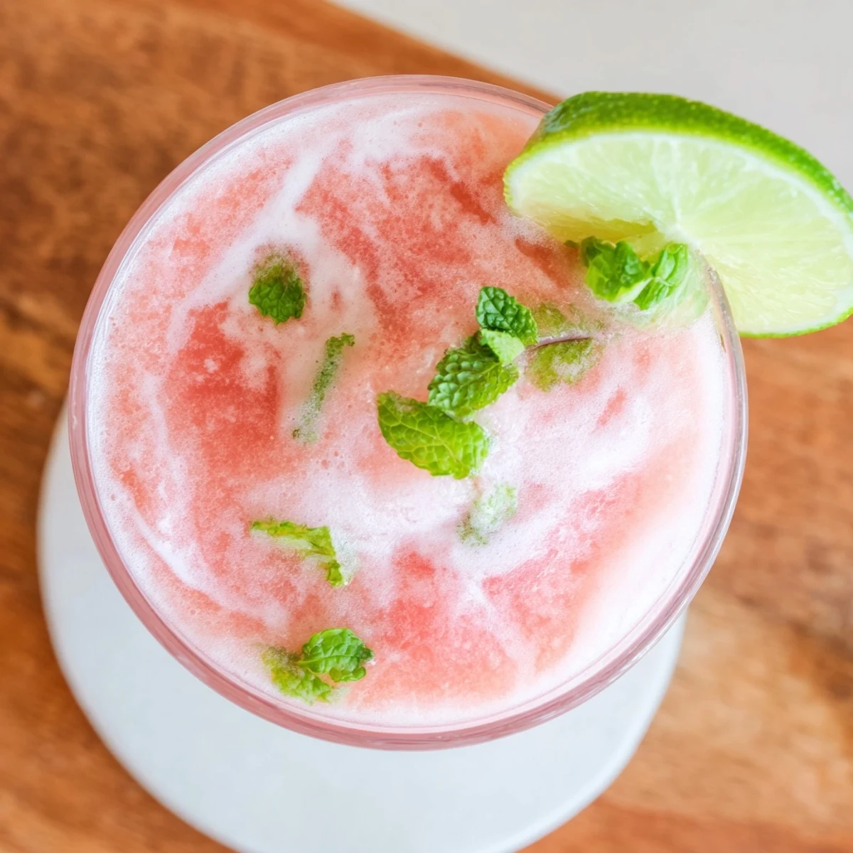 Tropical coconut lime watermelon slushie with thick icy texture and vibrant red watermelon chunks in clear glass cups