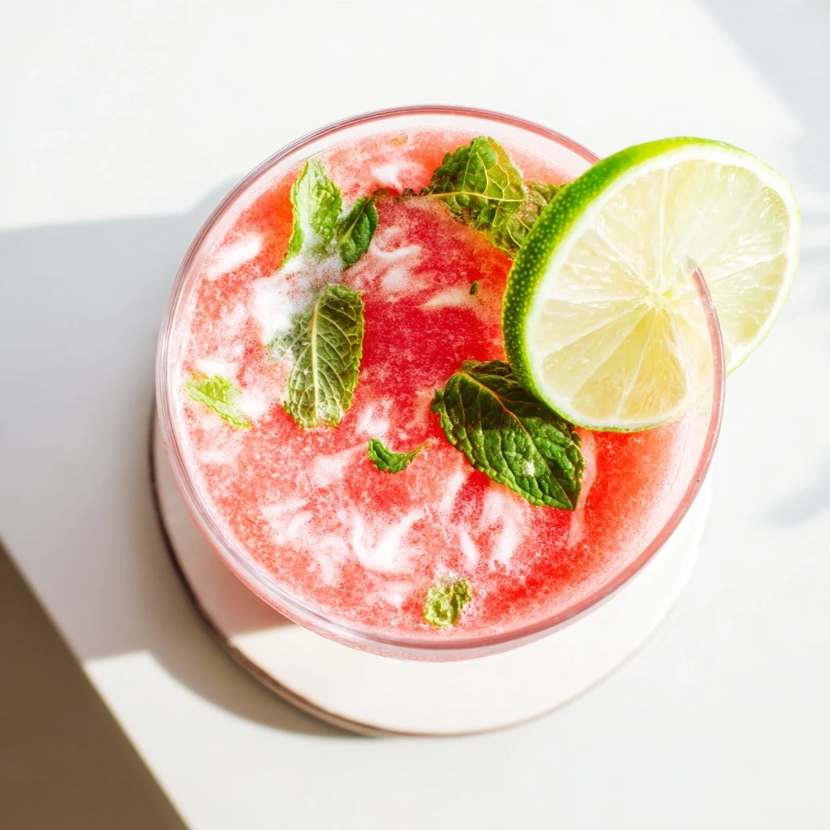 Creamy coconut lime watermelon slushie recipe showing frosty pink blended drink topped with zesty lime wheel and green mint sprig