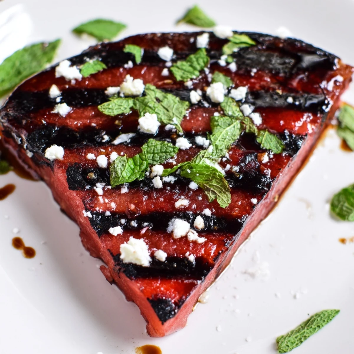 Thick grilled watermelon steak with charred grill marks topped with fresh mint and flaky sea salt