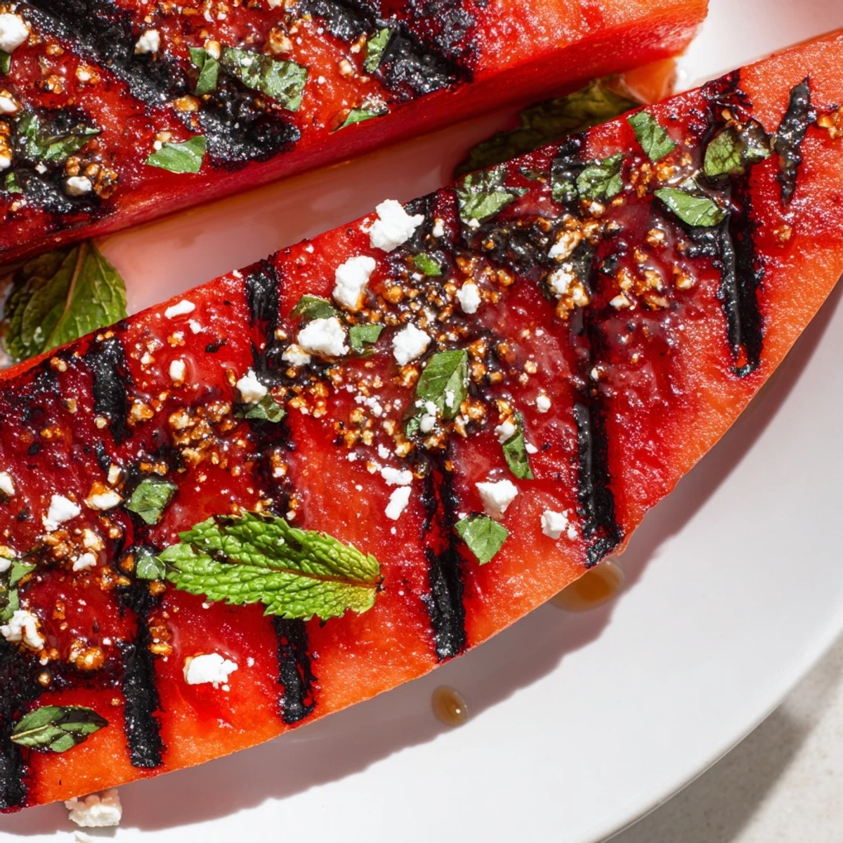 Vegan watermelon steak plated with chopped mint garnish and optional crumbled vegan feta cheese