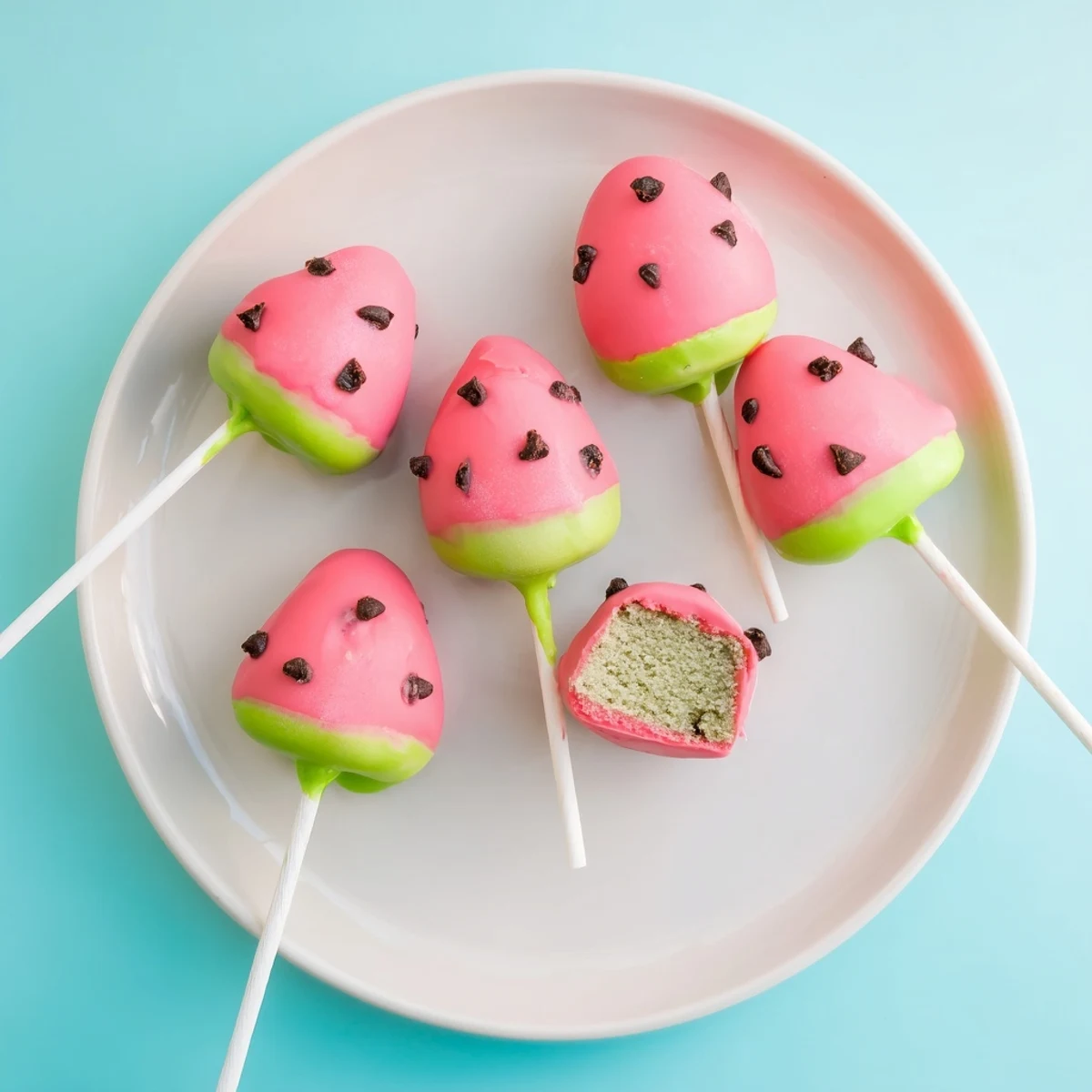 Bite-sized watermelon cake pops with pink coating and green rind ready for summer parties