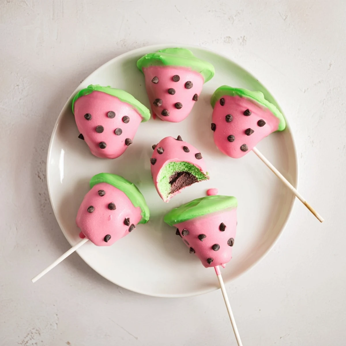 Summer dessert featuring watermelon cake pops on lollipop sticks with mini chocolate chip seeds
