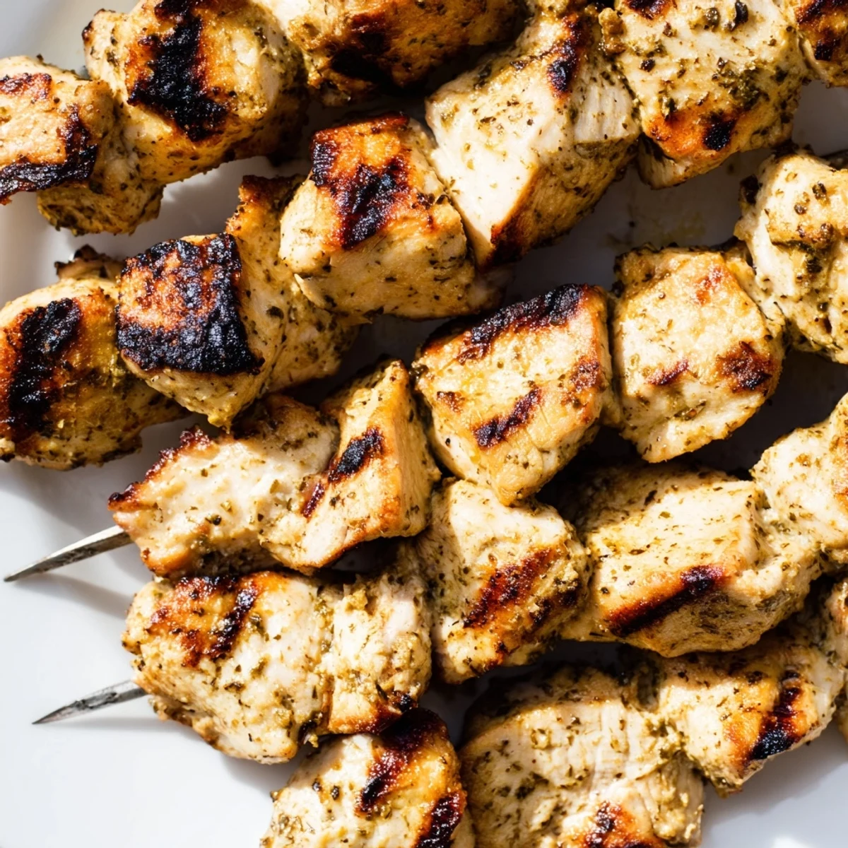 Golden Greek yogurt marinated chicken skewers grilled to juicy perfection with charred edges and fresh herbs