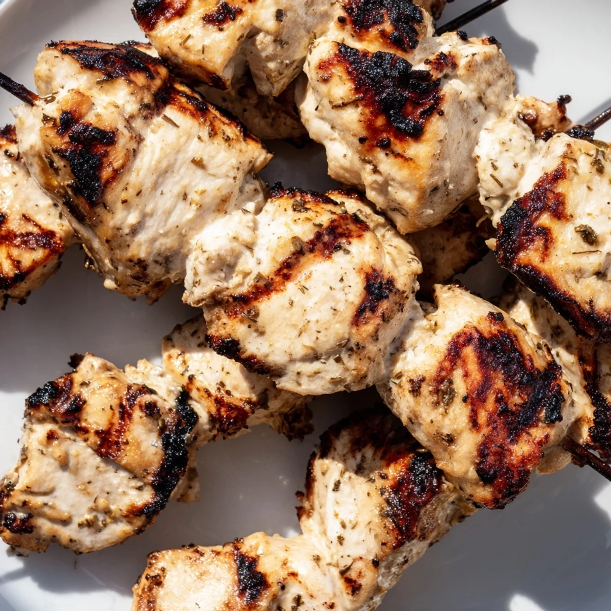 Sizzling grilled Greek yogurt marinated chicken skewers served with lemon wedges and sprinkled chopped parsley