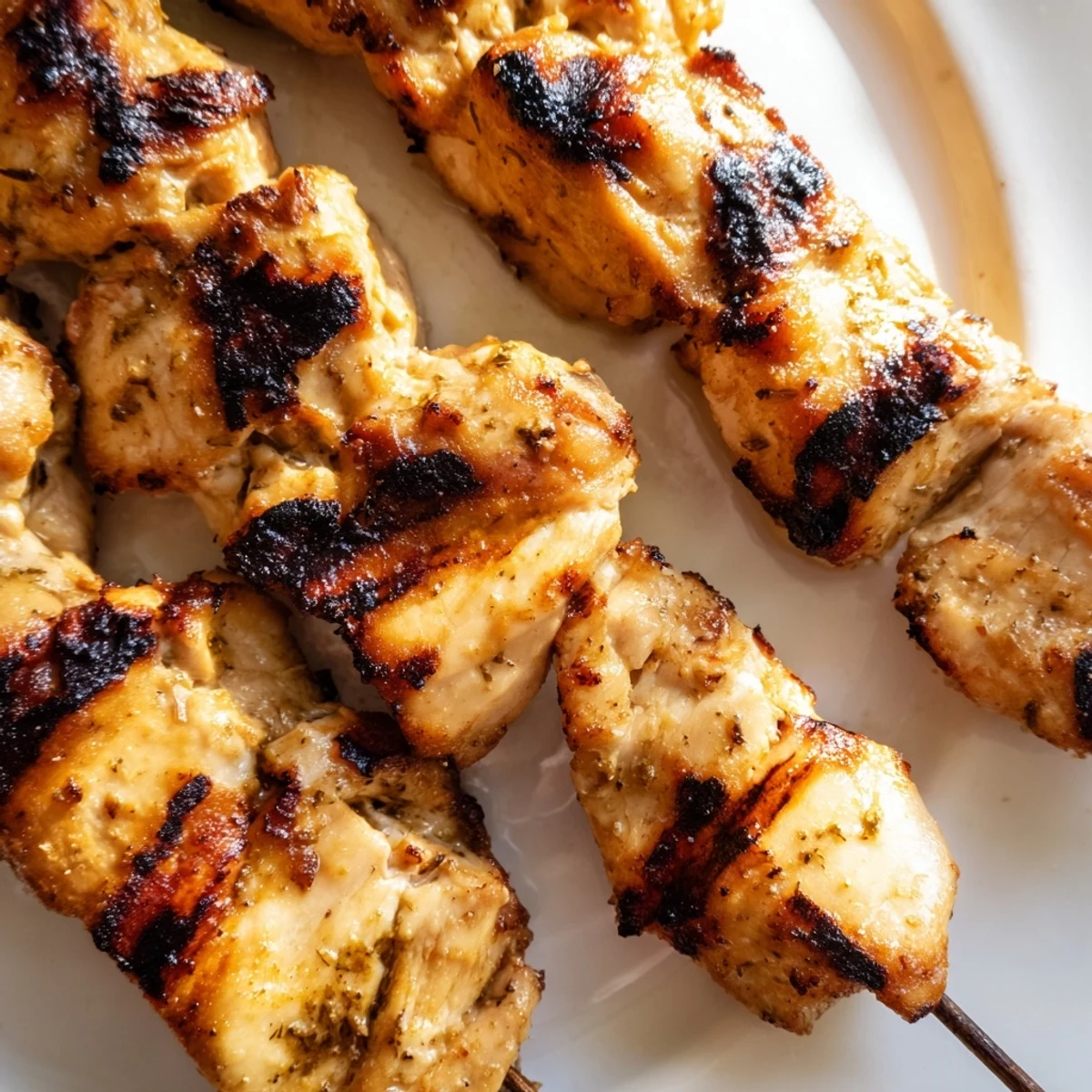 Tender chicken pieces threaded on skewers after marinating in creamy Greek yogurt blend with lemon and spices