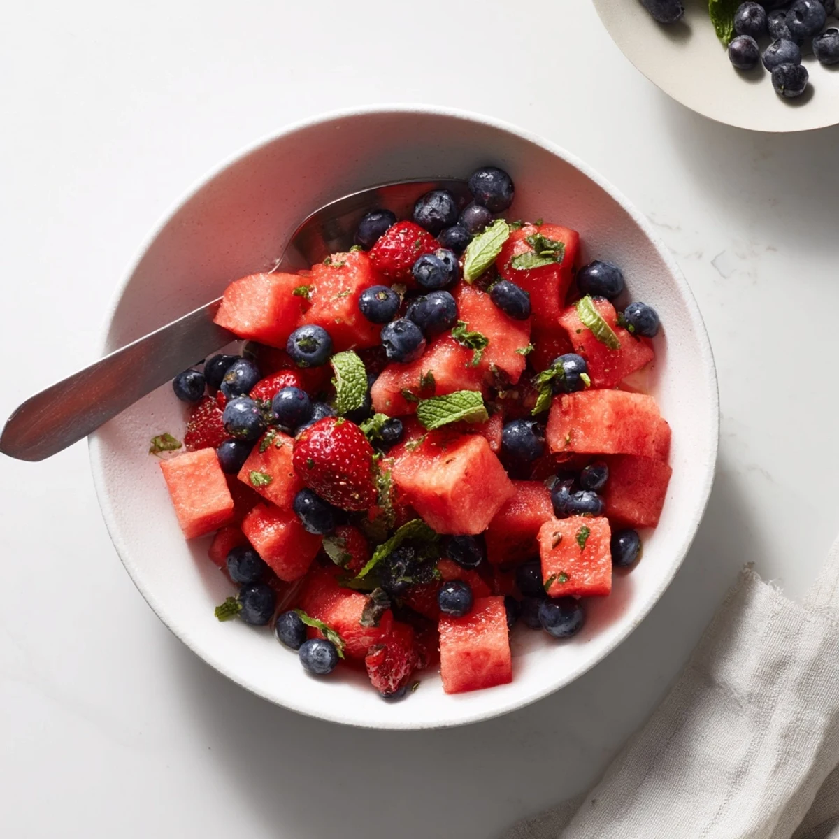 Summer watermelon fruit salad with berries, fresh mint leaves, and citrus honey dressing on white plate