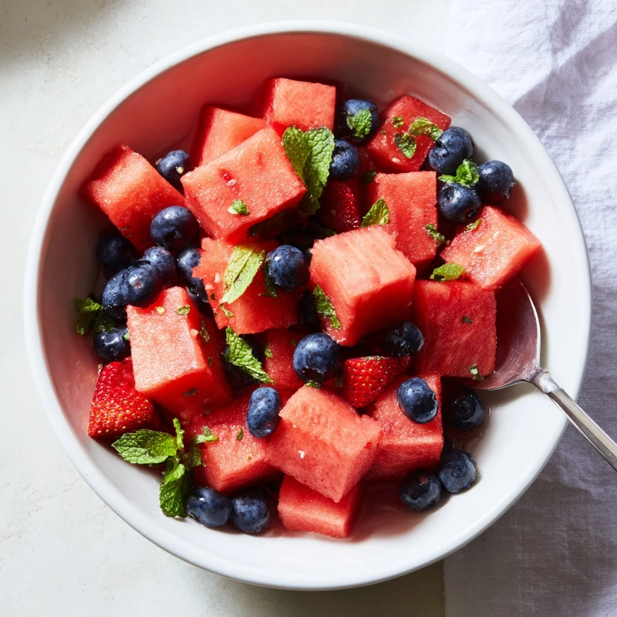 Colorful watermelon fruit salad mix with juicy strawberries, blueberries, chopped mint, and lime zest garnish