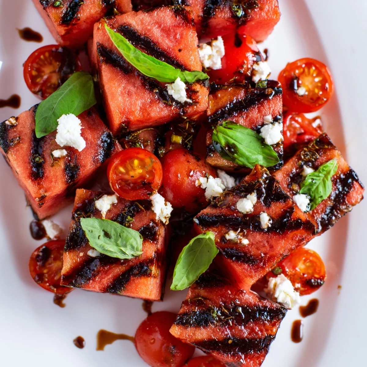 Charred watermelon cubes topped with crumbled feta and fresh basil leaves on white platter