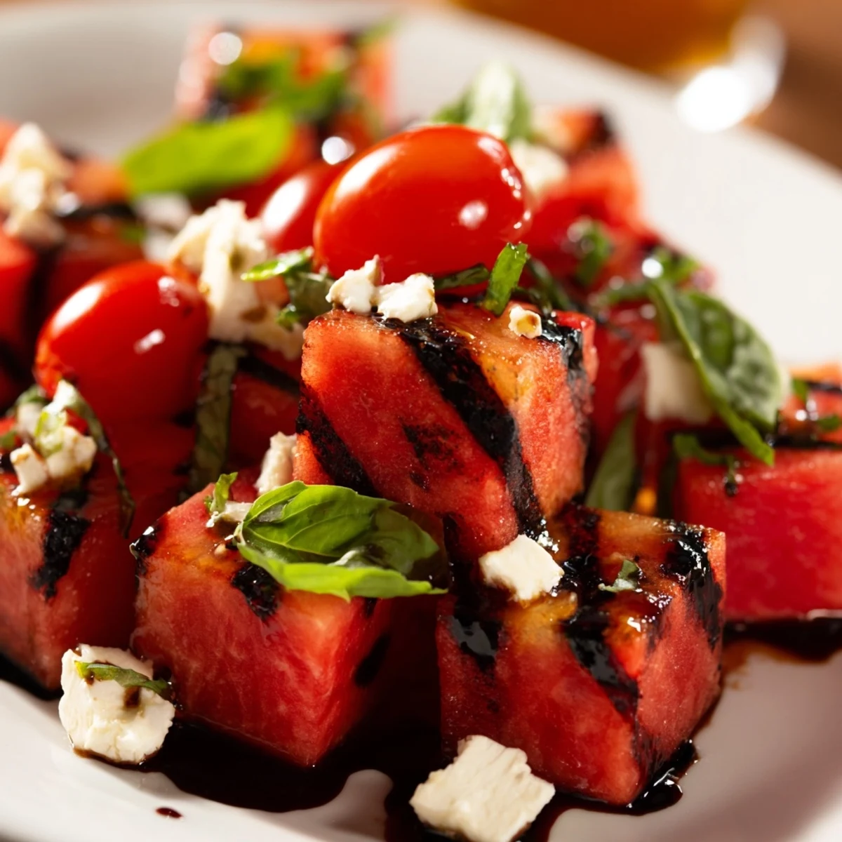 Grilled watermelon salad with cherry tomatoes, red onion, and balsamic glaze drizzle