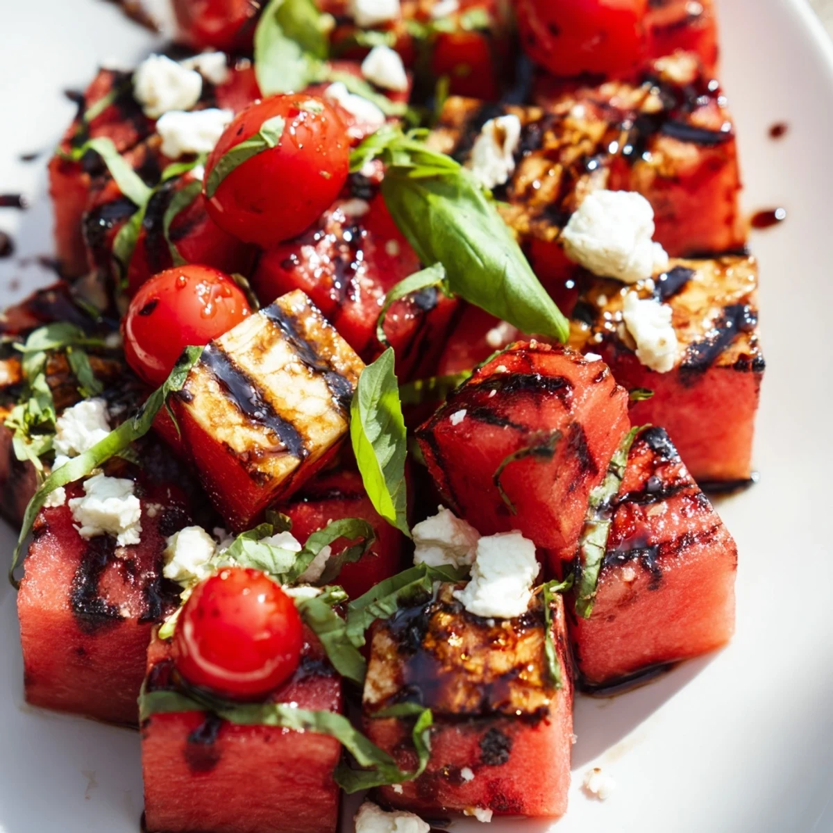 Summer salad featuring smoky watermelon steaks, salty feta cheese, and green basil garnish