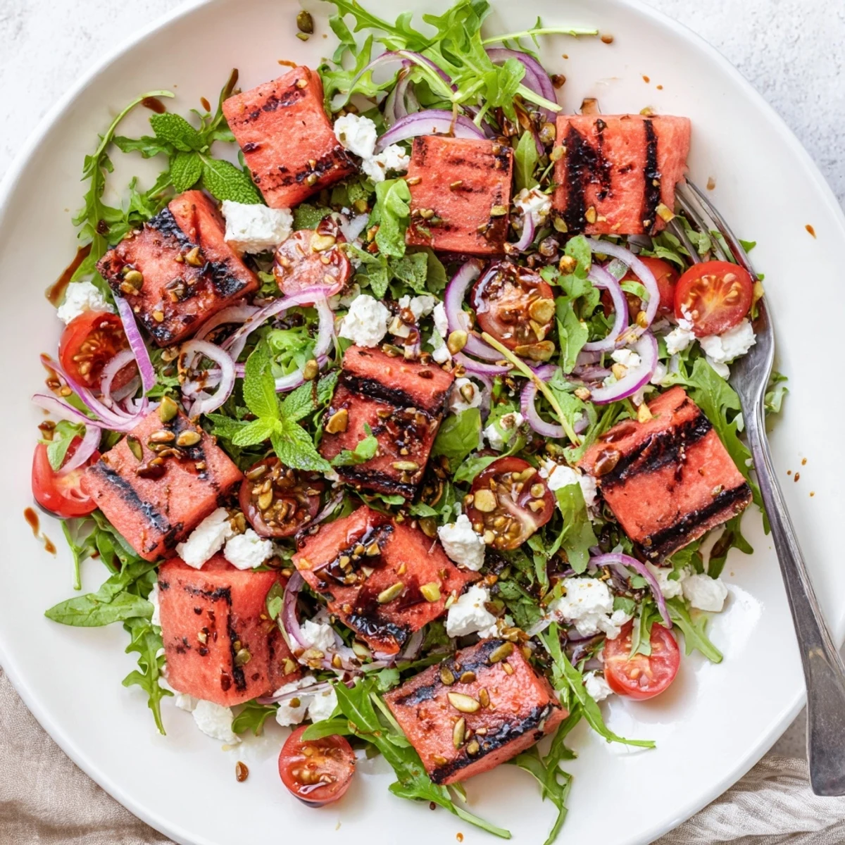 Vibrant grilled watermelon salad with balsamic dressing, feta cheese, mint, and arugula on a white plate.