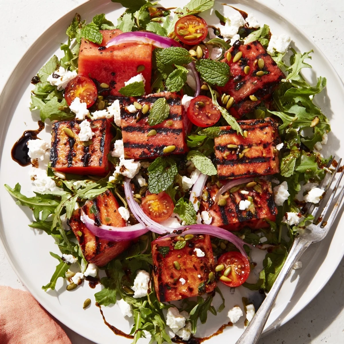 Summer grilled watermelon salad featuring smoky fruit, creamy feta, arugula greens, and sweet balsamic dressing.